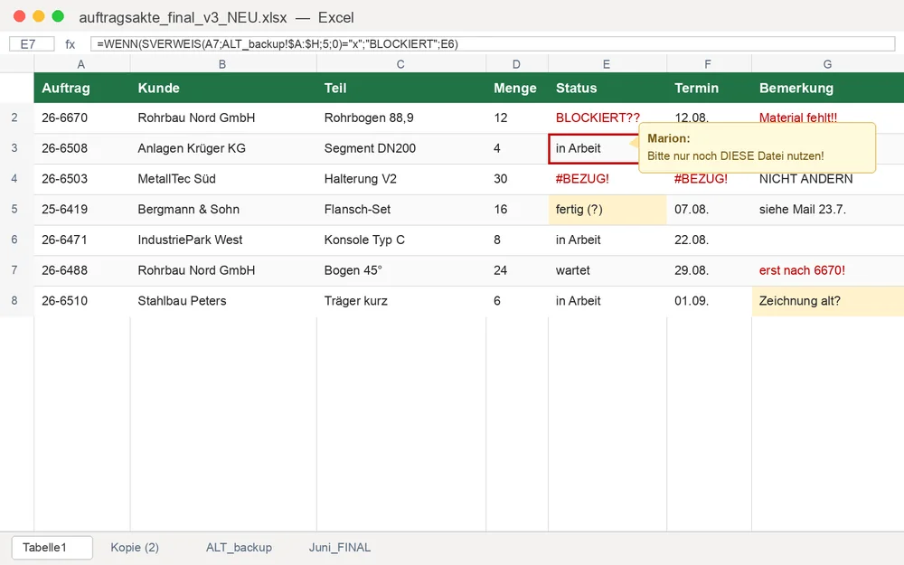 Auftragsverwaltung als Excel-Tabelle mit Fehlern und Versionschaos