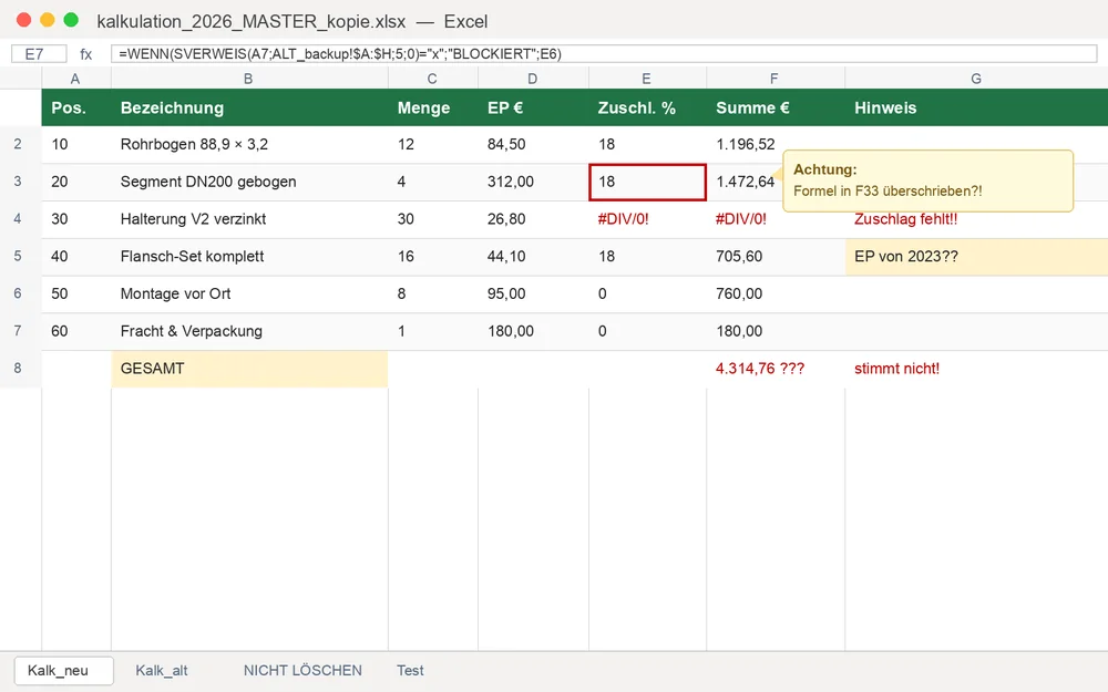 Kalkulation als Excel-Tabelle mit Formelfehlern