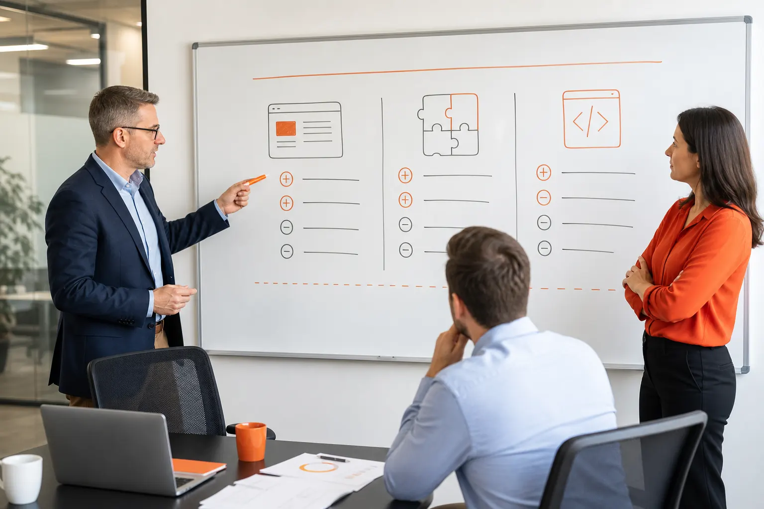 Team bespricht Standardsoftware vs. individuelle Entwicklung