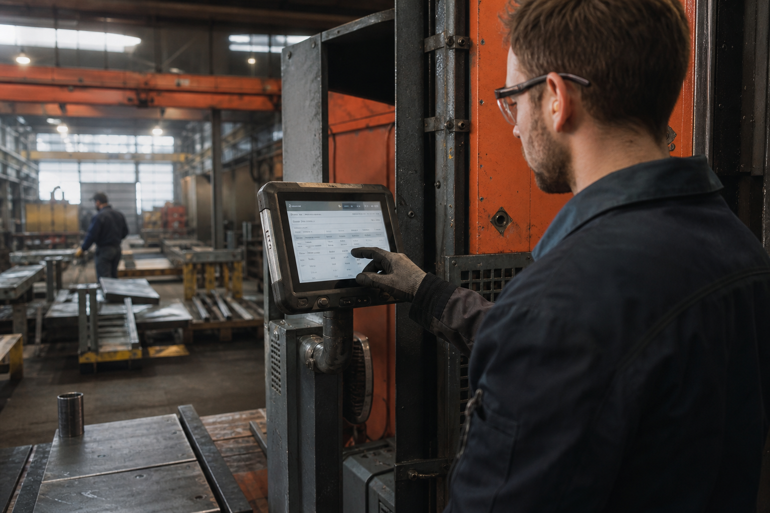 Werker an einem Touch-Terminal in der Fertigungshalle – FactoryRecorder BDE